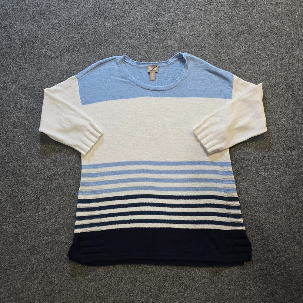 Chicos Sweater Womens Medium Blue Striped Linen Blend Long Sleeve Casual Coastal